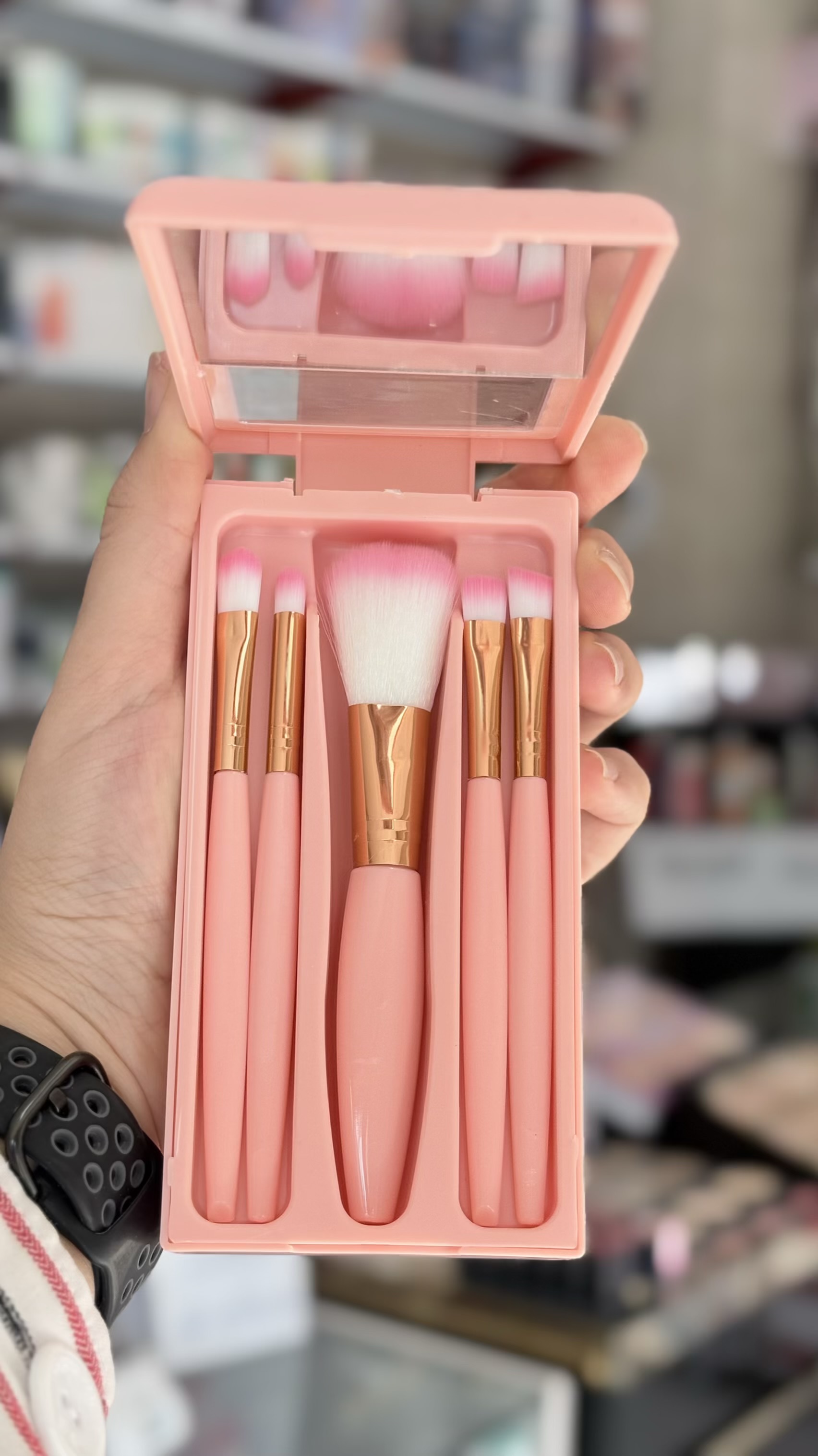 ست براش جعبه دار با آینه صورتی