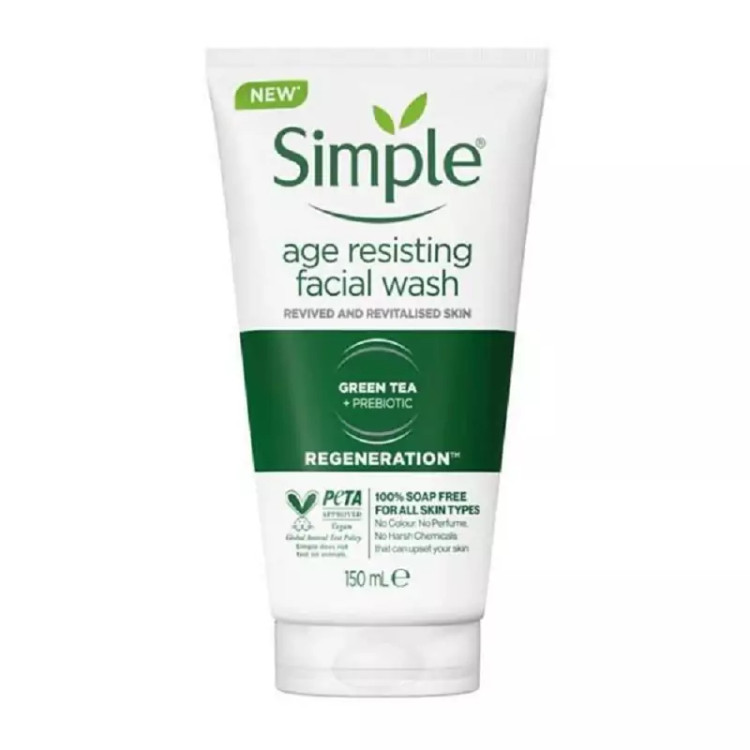 ژل شستشو ضد پیری سیمپل مدل Age Resisting حجم 150 میلی لیتر حاوی عصاره چای سبز و بابونه